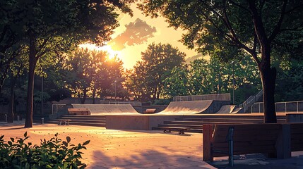 Sticker - Serene Sunset at a Skatepark Illustrated Artwork of a Peaceful Evening Scene.