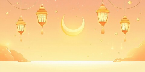 Poster - Golden Ramadan Lanterns Hanging Under Crescent Moon and Stars Night Sky Festive Illustration