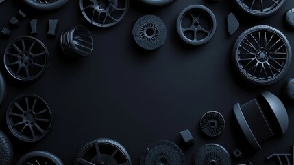 Fototapete - Various car tires, rims, and brake pads are artistically arranged on a dark surface, showcasing their shapes and textures with copy space available. Generative AI