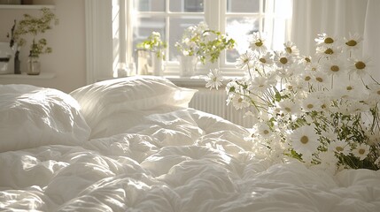 Canvas Print - Sunlit bedroom with white bedding and daisies.