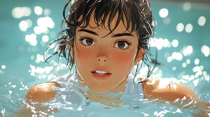 Wall Mural - Close-up of a Young Woman's Face Emerging from a Pool of Water, Illustrated in a Vibrant Anime Style.