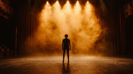 Canvas Print - Silhouette of a person standing on a smoky stage, lit by spotlights.