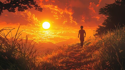 Poster - Silhouette of a Person Walking Away on a Path at Sunset.