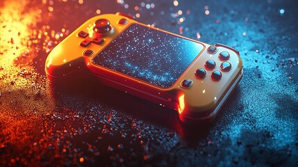 Futuristic orange handheld gaming console with screen displaying a galaxy.