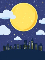 Wall Mural - Enchanting Night Sky with a Bright Moon and City Silhouette Under a Starry Background