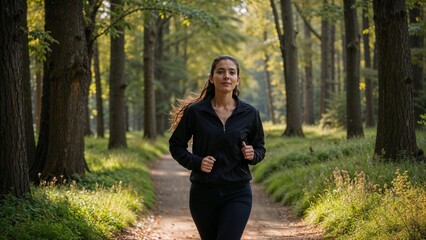 woman jogging in a black tracksuit through a peaceful forest trail