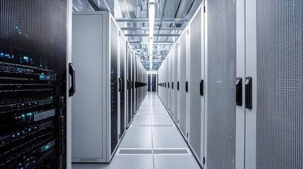 a modern data center corridor lined with server racks, showcasing advanced technology and organized 