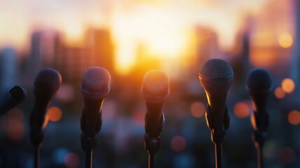 Sticker - multiple microphones on a stage with a city background on a sunset view in the afternoon, announceme