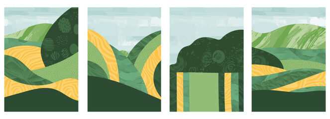 Wall Mural - abstract green collage background vector illustration of field, farm, rice plant. simple, eco-friend