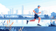 © Lion - Man is running in a park. The park is near a river. The man is wearing a blue shirt and shorts