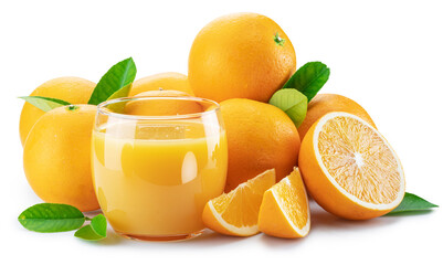 Wall Mural - Orange fruits and glass of fresh orange juice isolated on white background. File contains clipping paths.