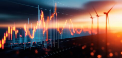 Leinwandbilder - A visually striking blend of financial charts and wind turbines at sunset, symbolizing the intersection of technology and sustainable energy.