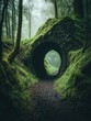 © AssanAI.Studio - Serene Forest Pathway Through Circular Stone Archway at Dawn