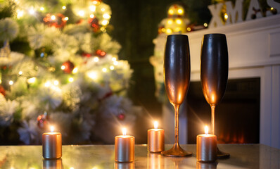 Wall Mural - champagne glasses and holiday lights New Year background