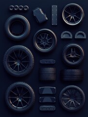 Fototapete - A diverse assortment of car tires, sleek rims, and brake pads are neatly arranged on a dark surface, providing ample space for additional text. Generative AI