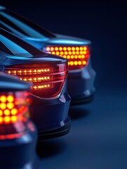 Poster - A variety of LED car headlights and tail lights are arranged in a neat lineup against a dark background, leaving ample room for additional text. Generative AI