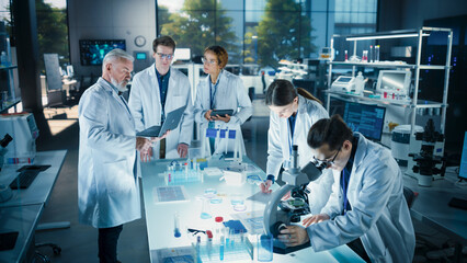 Aufkleber - Modern Medicine Research Laboratory: Diverse Team of Smart Young Scientists Conducting an Experiment Under Senior Professor's Supervision. Advanced Microbiology Lab with High Tech Equipment