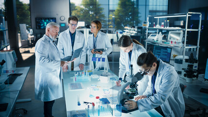 Leinwandbilder - Head of Laboratory Making a Bioengineering Experiment with a Group of Young Science College Students. Future Specialists Working with Modern Microscopes, Using Tablet and Laptop Computers