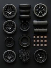 Poster - An assortment of car tires, rims, and brake pads is neatly arranged on a dark background, providing plenty of space for additional text or graphics. Generative AI