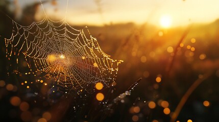 A macro shot of a dew-covered web at dawn, realistic, very detailed