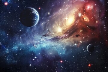 Aufkleber - Cosmic journey through a vibrant galaxy filled with colorful nebulas, distant planets, and bright stars in deep space