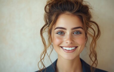 A woman in a suit is smiling for the camera