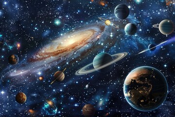 Poster - Cosmic journey through a vibrant galaxy filled with colorful nebulas, distant planets, and bright stars in deep space