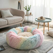 © Aylexx - Pastel fluffy pet bed in modern living room setup.