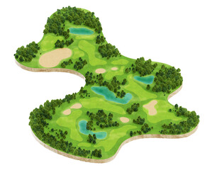 3d realistic illustration of golf course map in isometric view. nature landscape territory for game 