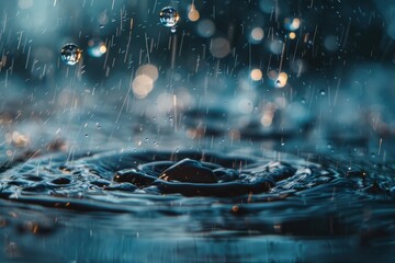 Poster - Capturing the beauty of water droplets creating splashes in a dark setting during a rain simulation
