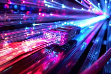 Aufkleber - Digital network cables illuminate communication pathways with vibrant light bursts and intricate circuitry patterns in a modern setting