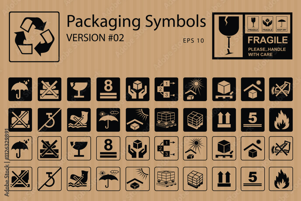 Corrugated Box Packaging and warning symbols set, fragile cargo icons ...