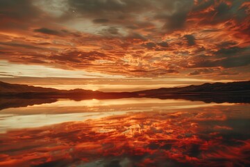 Aufkleber - Colorful sunset reflected in tranquil lake surrounded by mountains and pine trees, creating a serene natural landscape