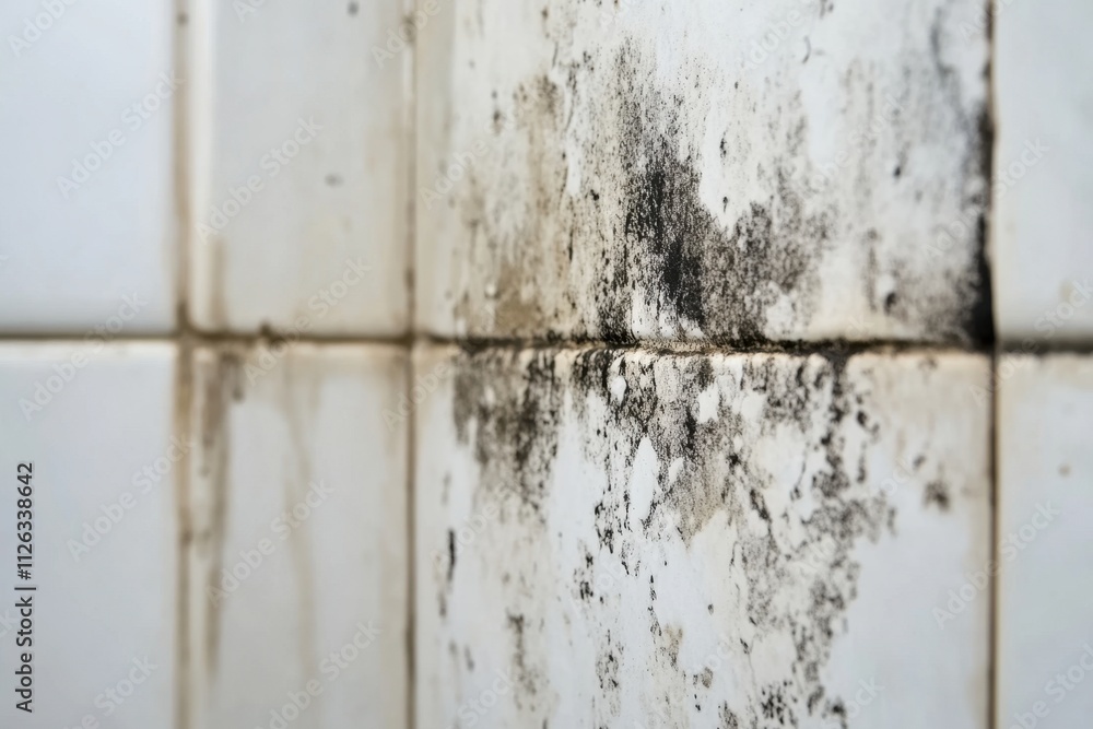 Black mold infestation on bathroom tiles indoor home environment close ...