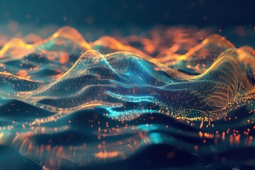 Poster - Abstract representation of flowing digital waves with luminous particles in a dark background