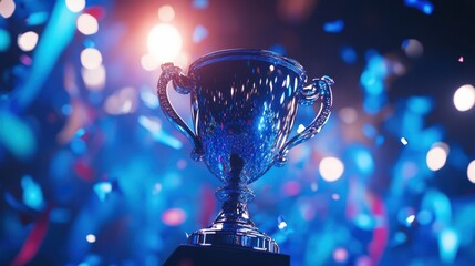 Sticker - a shiny championship trophy in the middle with confetti and glitters around it, professional sports 