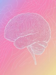 Fototapete - Doodle illustrates a human brain using delicate white lines on a gradient background, providing a blank canvas for ideas and notes. Generative AI