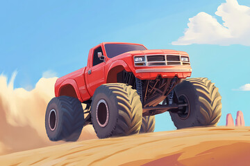 Wall Mural - A vibrant illustration of a red monster truck driving over a sandy terrain under a blue sky.