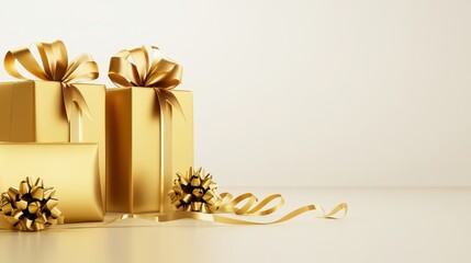 Wall Mural - Exquisite gold gift boxes with gleaming ribbons and bows, perfect for luxurious celebrations special occasions