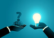 © rudall30 - Hand offering light bulb to another hand holding tangled thread with question mark. Problem solving, guidance, innovative solutions, teamwork, mentoring, creative thinking