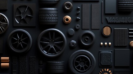 Fototapete - Different types of car tires, rims, and brake pads are neatly arranged against a dark background, providing ample space for text insertions. Generative AI