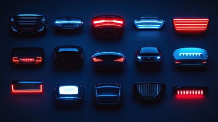 Poster - A variety of LED car headlights and tail lights are artistically arranged against a dark background, leaving ample space for text. Generative AI