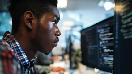Focused young man working on software development at a computer in a modern office. Coding, programming, and technology concept.