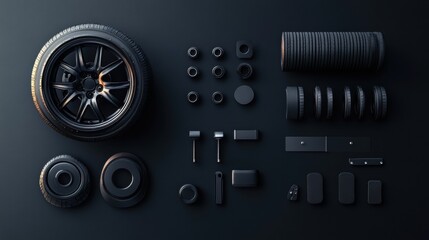 Fototapete - Various car tires, rims, and brake pads are neatly arranged on a dark background with ample space for text or branding. Generative AI