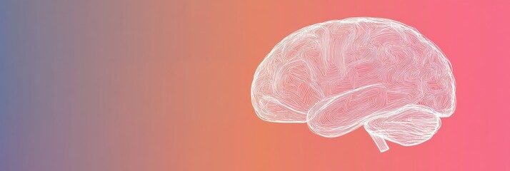Fototapete - A doodle illustrates a human brain formed with thin white lines, set against a soft gradient background offering space for text. Generative AI
