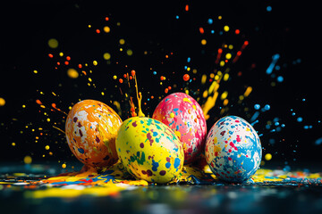 Wall Mural - explosion of colorful easter eggs and paints splashes on black background selective focus.