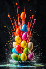 Wall Mural - explosion of colorful easter eggs and paints splashes on black background selective focus.