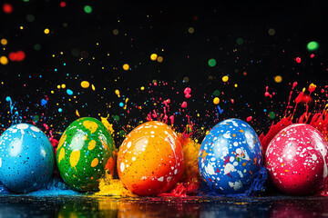 Wall Mural - explosion of colorful easter eggs and paints splashes on black background selective focus.