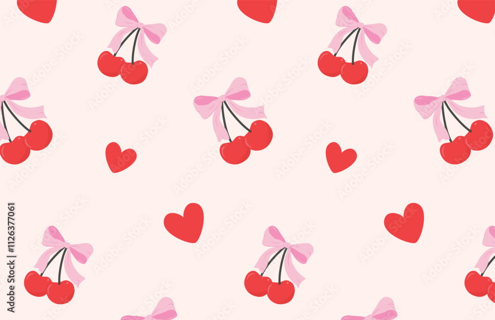 Pattern with cherries, hearts and a bow. Cute coquette aesthetic pink ...