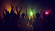 © master1305 - Back view of people, silhouettes, men and women attending concert of favorite band or singer, dancing with hands raised, singing. Concept of youth culture, party, fun and leisure